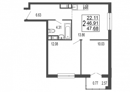 2-комнатная, квартира, 48.68 м²
