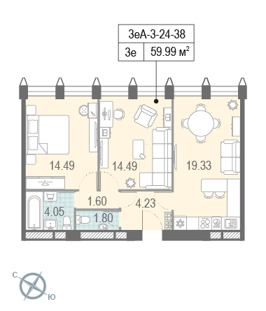 2-комнатная, квартира, 59.99 м²