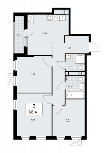 3-комнатная, 68.4 м²