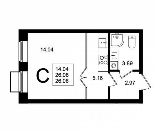 Студия, 26.06 м²