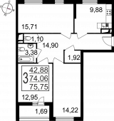 3-комнатная квартира 75,75 м²
