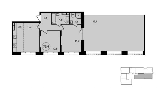 3-комнатная, 73.3 м²