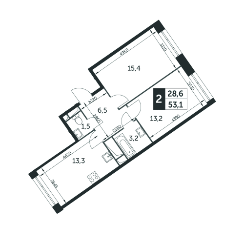 2-комнатная, квартира, 53 м²