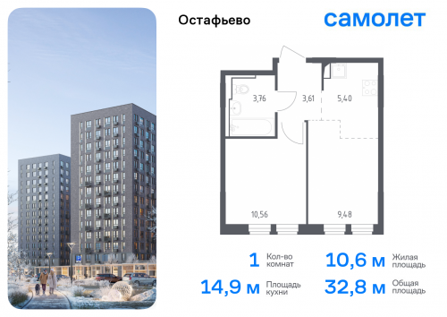 1-комнатная, 32.81 м²