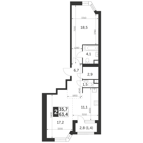 2-комнатная, квартира, 63.4 м²
