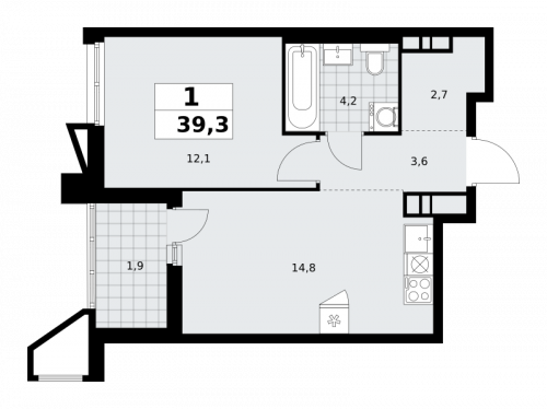 1-комнатная, 39.3 м²