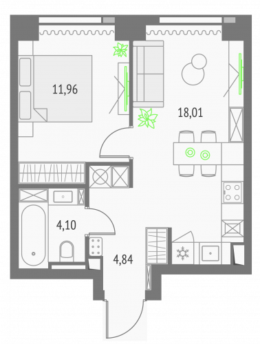 1-комнатная, квартира, 38.91 м²