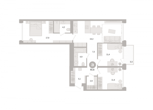 3-комнатная, квартира, 92.6 м²