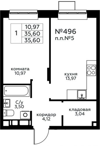 1-комнатная, 35.6 м²