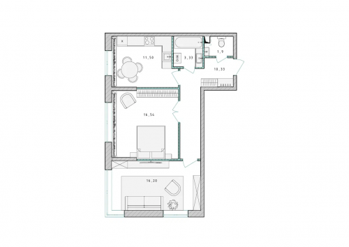 2-комнатная, квартира, 59.6 м²