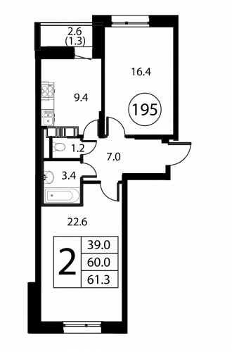 2-комнатная, квартира, 61.3 м²