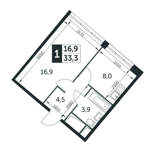 1-комнатная, квартира, 33.3 м²