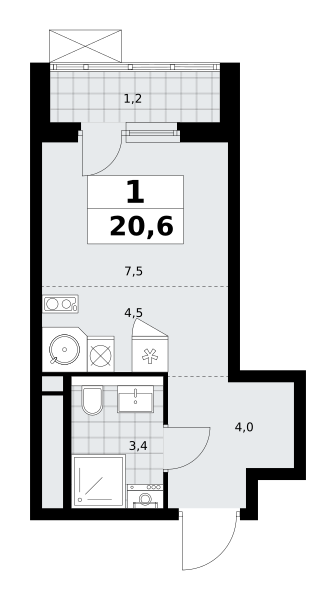 1-комнатная квартира №58К-11.2.3-726, 20,6 м² за 8,65 млн руб. в ЖК «Прокшино» - планировка