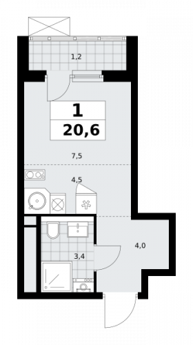 1-комнатная, 20.6 м²