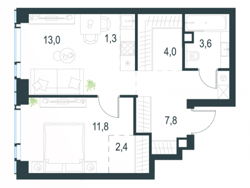 2-комнатная, 43.9 м²