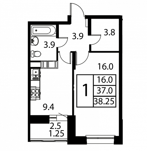 1-комнатная, квартира, 38.25 м²