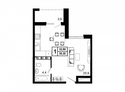 Студия, 33.8 м²