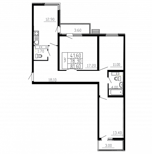 3-комнатная, квартира, 81.6 м²