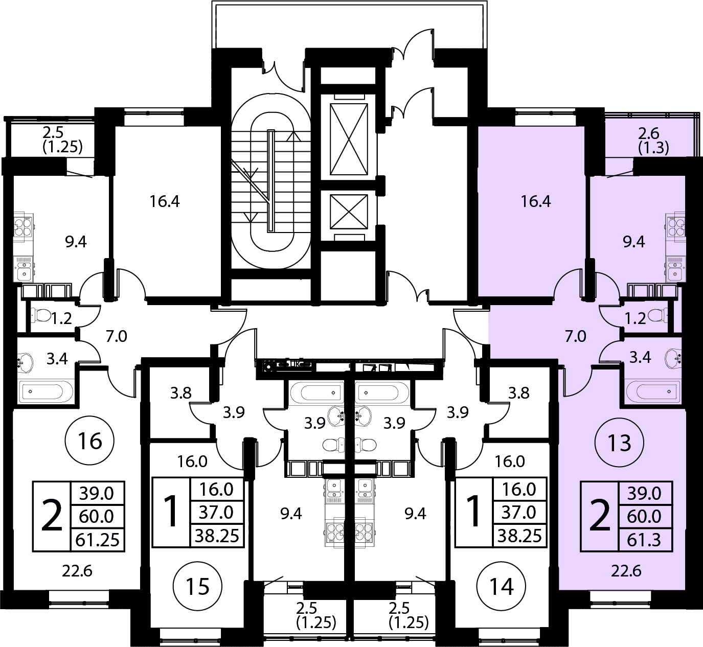 2-комнатная квартира №13, 61,3 м² за 8,77 млн руб. в ЖК «Космос» - планировка
