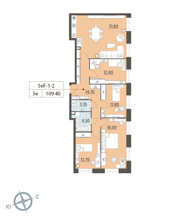 Многокомнатная, квартира, 109.4 м²