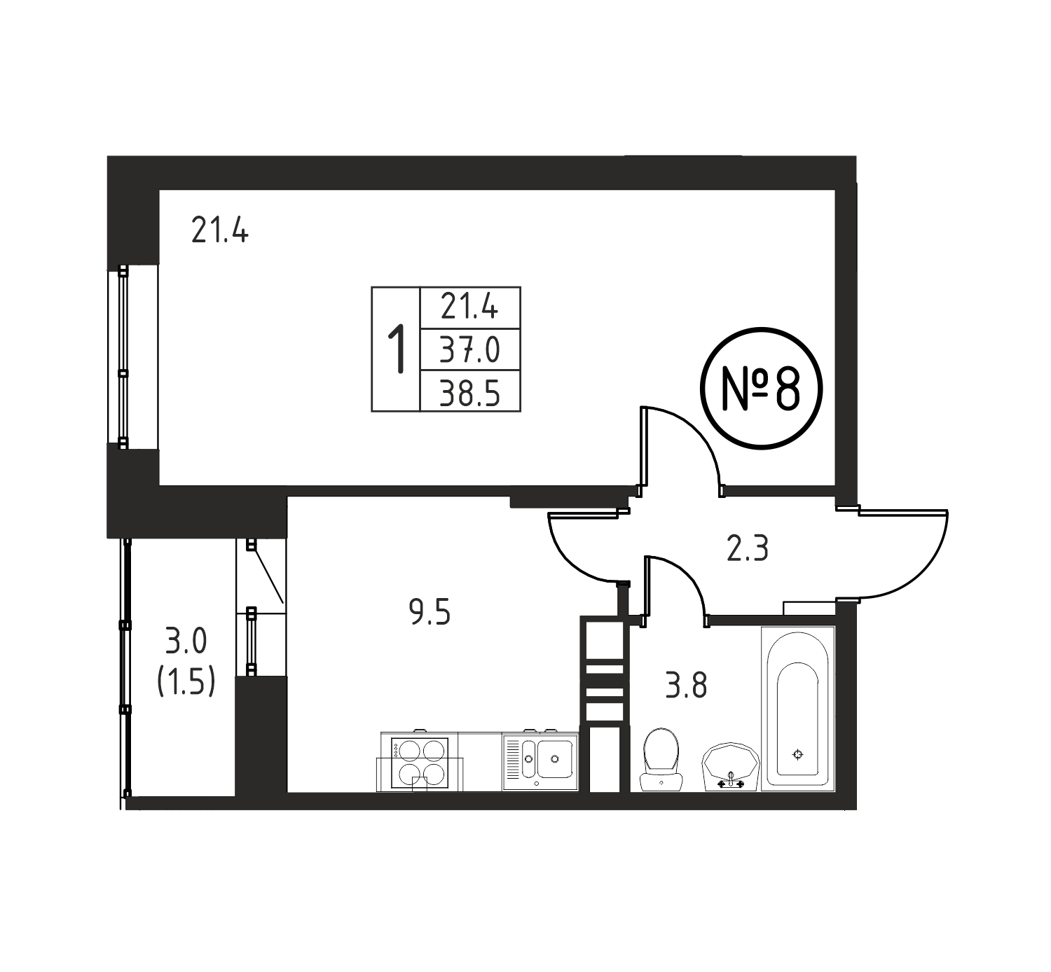 1-комнатная квартира №8, 38,5 м² за 5,74 млн руб. в ЖК «Космос» - планировка