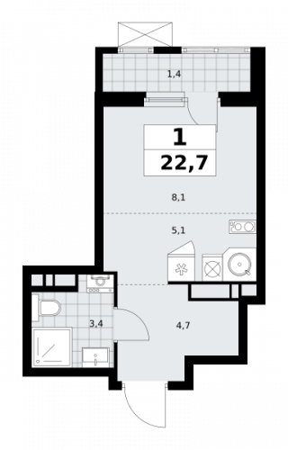 1-комнатная, 22.7 м²