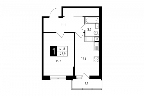 1-комнатная, квартира, 42.9 м²