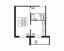 1-комнатная квартира 34,18 м²