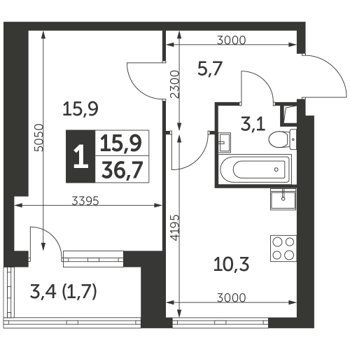1-комнатная, квартира, 36.7 м²