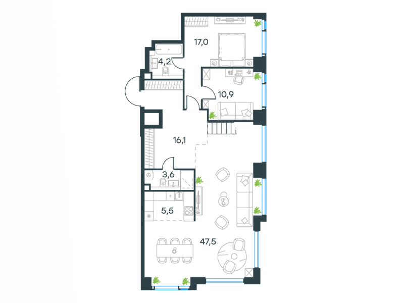 6-комнатные апартаменты №445, 173,8 м² за 83,07 млн руб. в ЖК «Level Мичуринский» - планировка