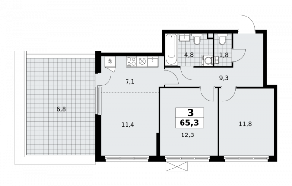 3 комнаты до 65.3