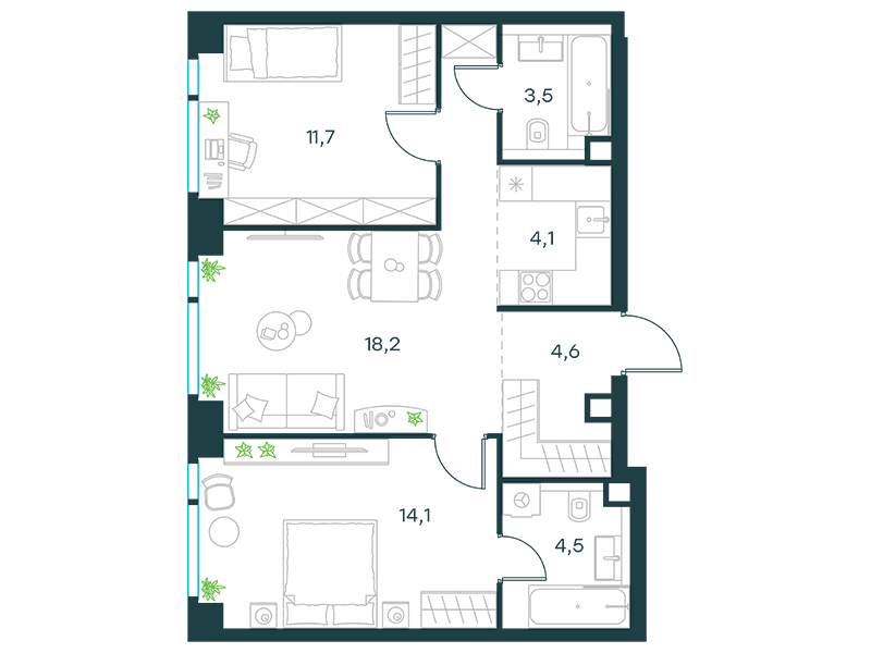 3-комнатные апартаменты №3, 60,7 м² за 25,97 млн руб. в ЖК «Level Мичуринский» - планировка