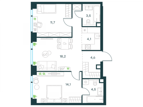 3-комнатная, квартира, 60.7 м²
