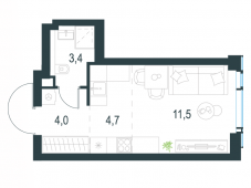 1-комнатная квартира 23,6 м²