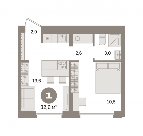 1-комнатная, квартира, 32.58 м²