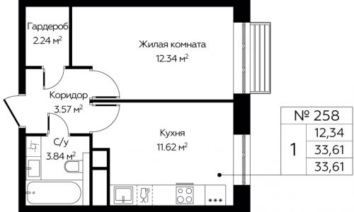 1-комнатная, 33.61 м²