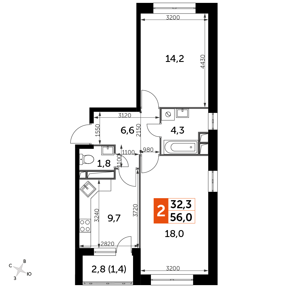 2-комнатная квартира №727, 56,0 м² за 13,94 млн руб. в ЖК «Датский квартал» - планировка