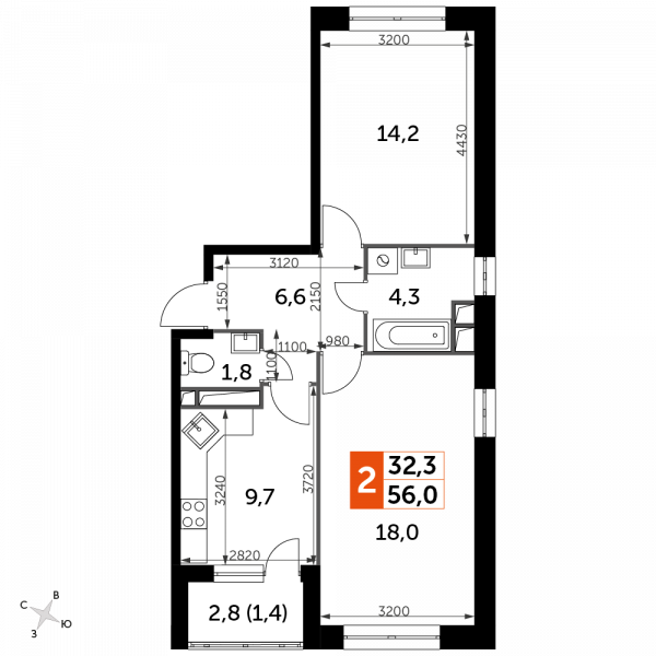 2 комнаты до 56