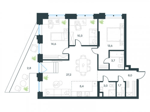 Многокомнатная, 90.3 м²