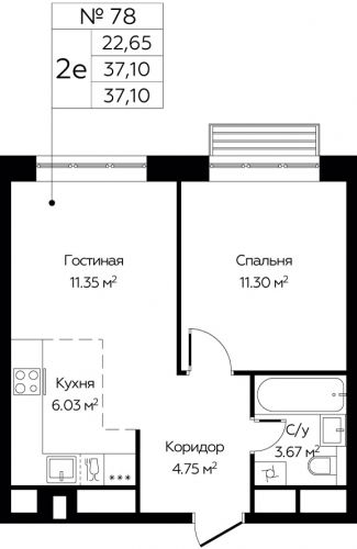 2-комнатная, 37.1 м²