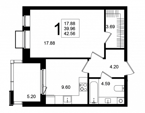 1-комнатная, квартира, 42.56 м²