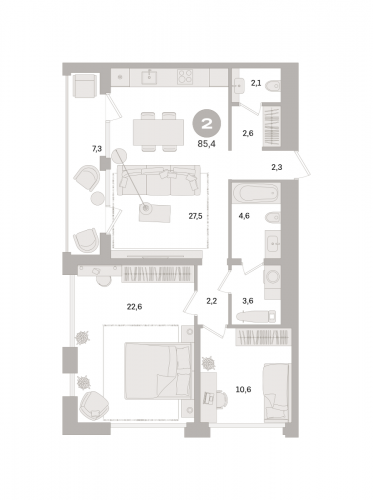 2-комнатная, квартира, 85.4 м²