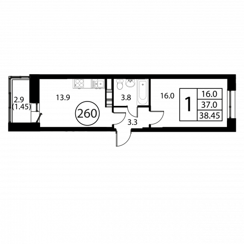 1-комнатная, квартира, 38.45 м²