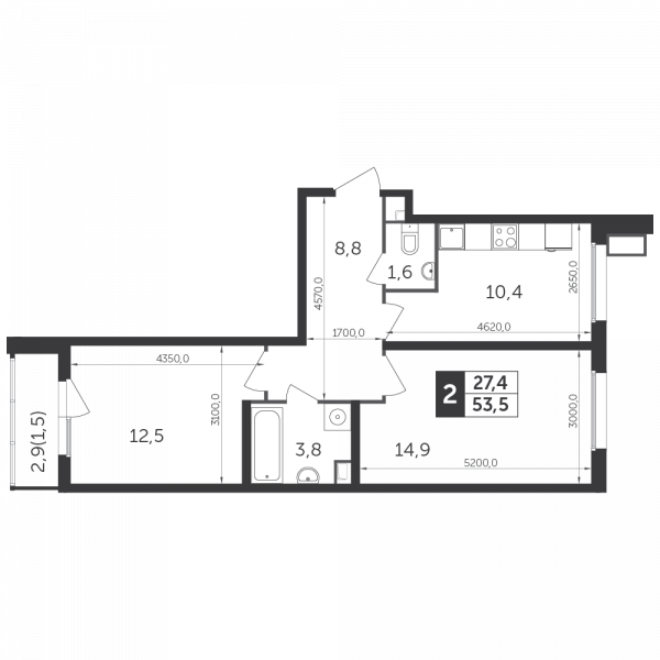 2 комнаты до 53.5