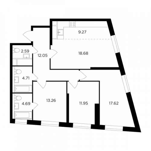 Многокомнатная, 94.82 м²