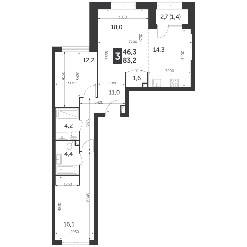 3-комнатная, квартира, 83.2 м²