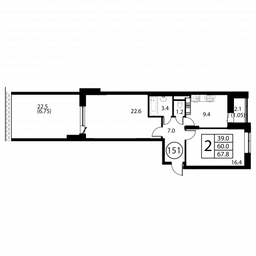 2-комнатная, квартира, 67.8 м²