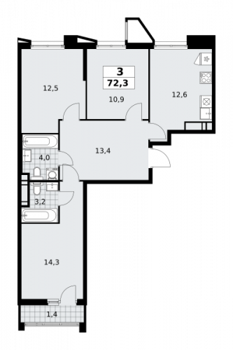 3-комнатная, 72.3 м²