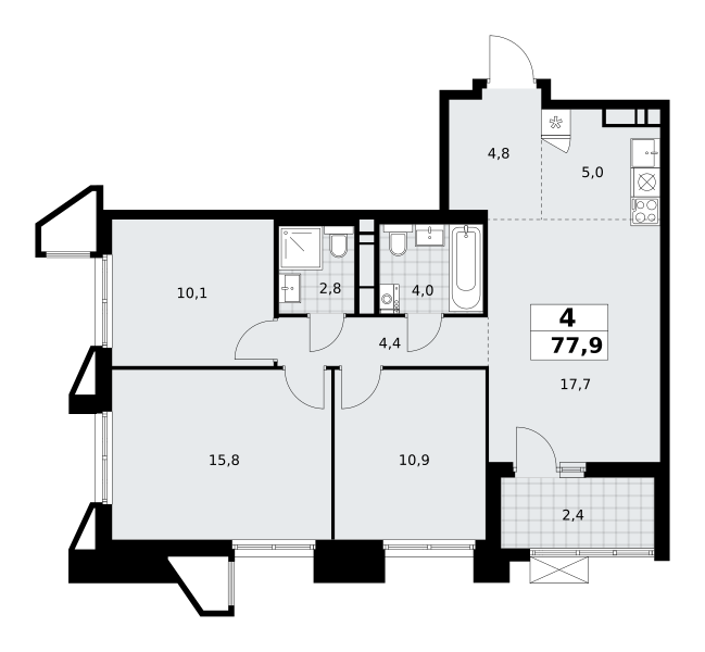 4-комнатная квартира №58К-7.1.4-631, 77,9 м² за 19,19 млн руб. в ЖК «Прокшино» - планировка
