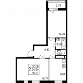 2-комнатная квартира 55,67 м²